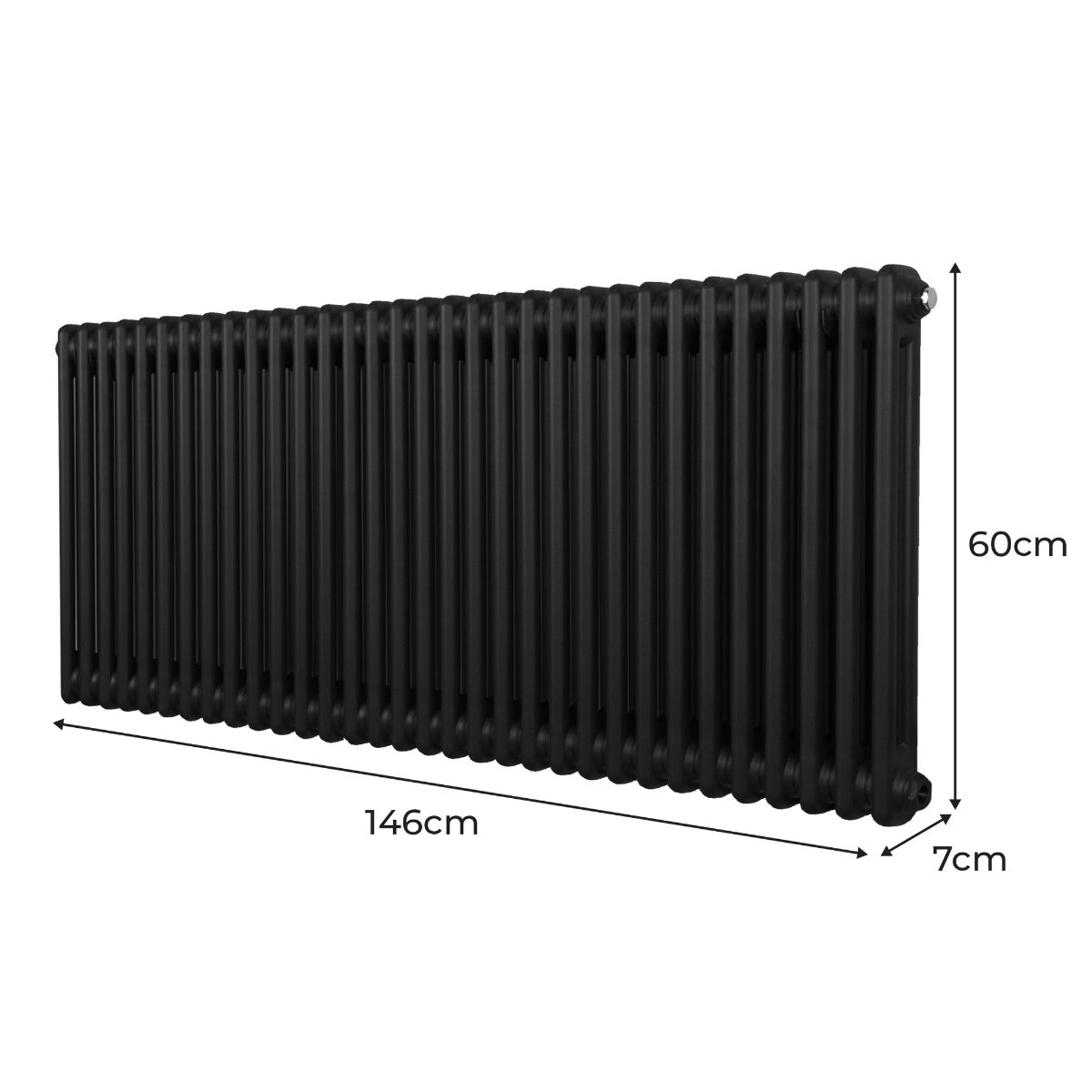 Radiateur traditionnel noir à 2 colonnes, dimensions 600 x 1462 mm, avec une texture lisse et un design élégant et moderne