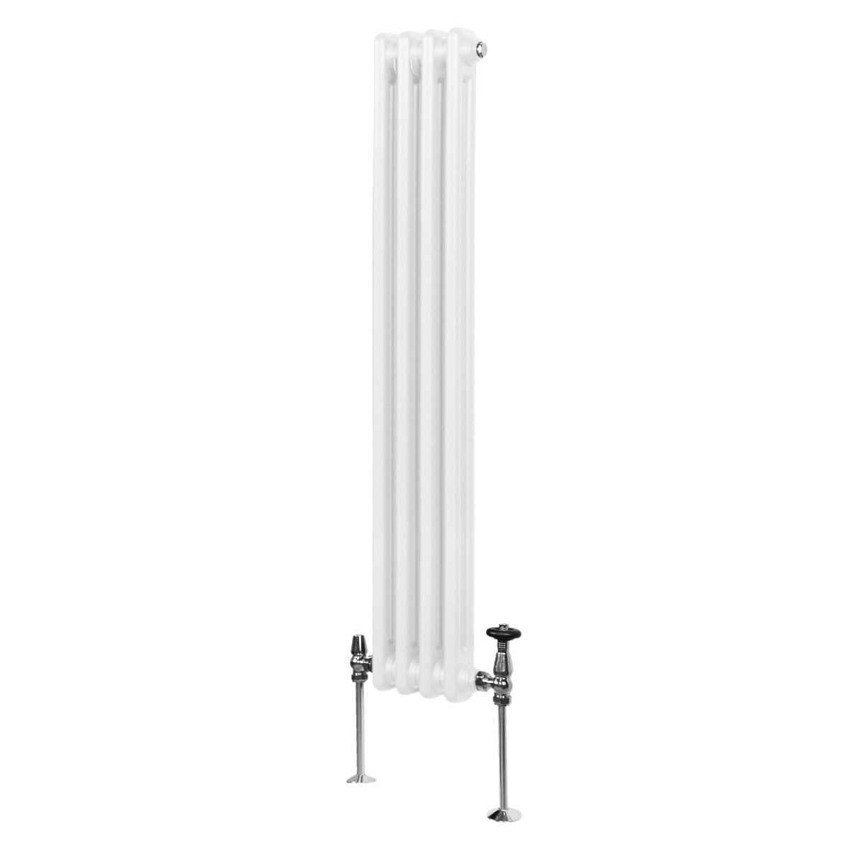 Radiateur traditionnel à 2 colonnes, blanc, 1500 x 202 mm, avec une finition lisse et des vannes en métal chromé sur le bas