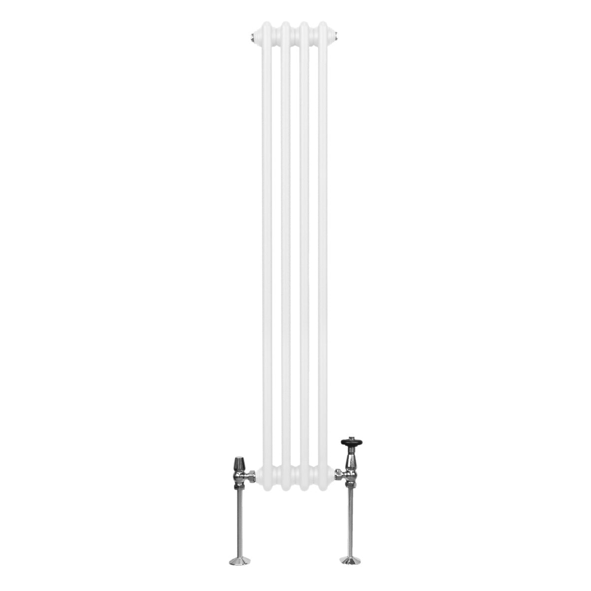 Radiateur traditionnel à 2 colonnes, blanc, 1500 x 202 mm, avec des robinets en métal et une finition lisse et brillante