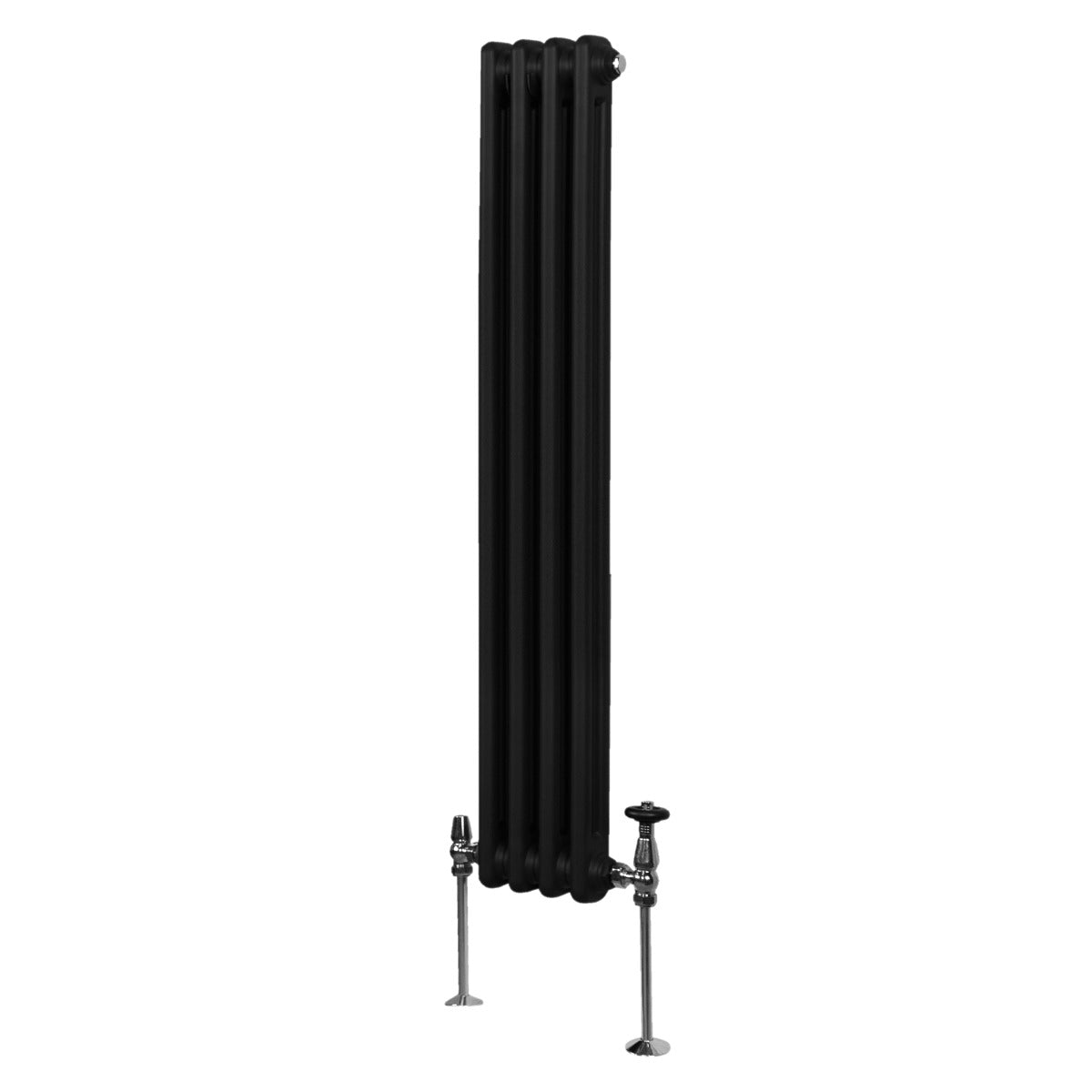 Radiateur traditionnel noir à deux colonnes, 1500 x 202 mm, avec finition lisse et pieds en métal, idéal pour un intérieur élégant