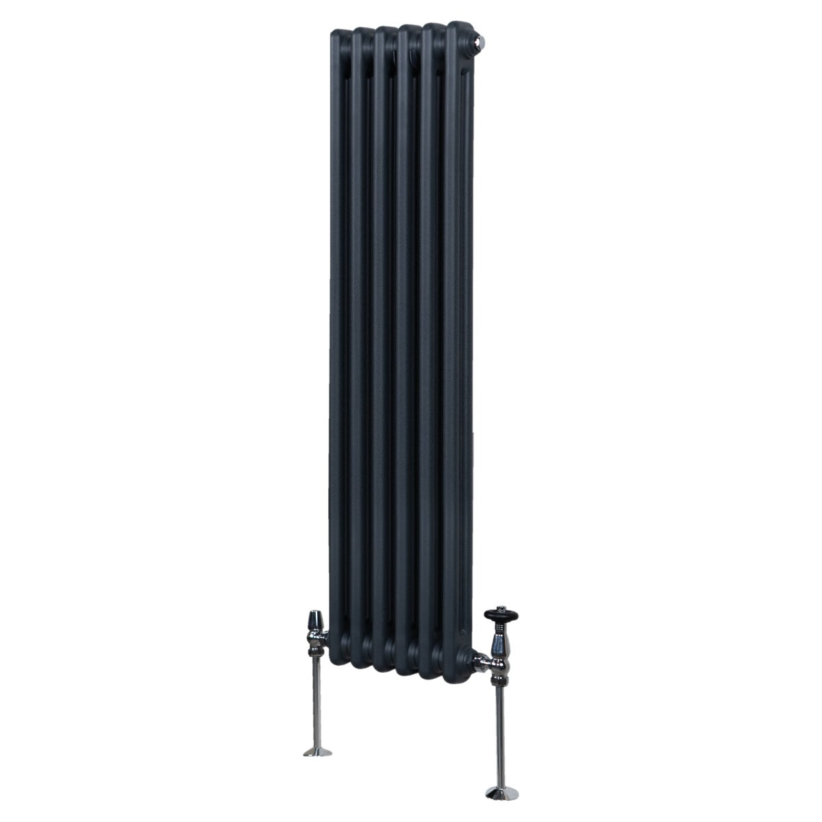 Radiateur traditionnel à 2 colonnes en gris anthracite, finition lisse, dimensions 1500 x 292 mm, avec vannes en métal argenté