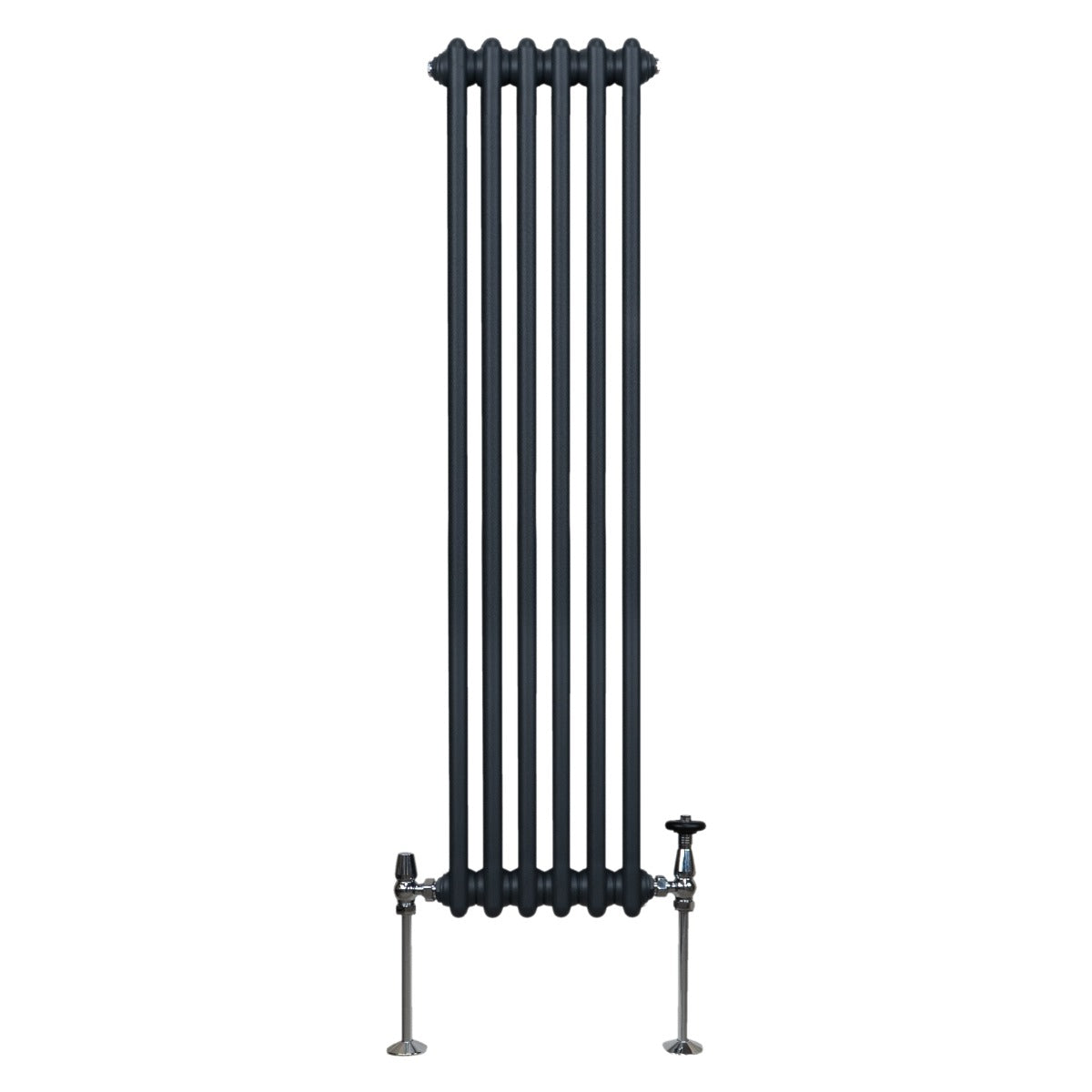 Radiateur traditionnel à 2 colonnes, 1500 x 292 mm, en gris anthracite, avec une finition lisse et des raccords en métal brillant