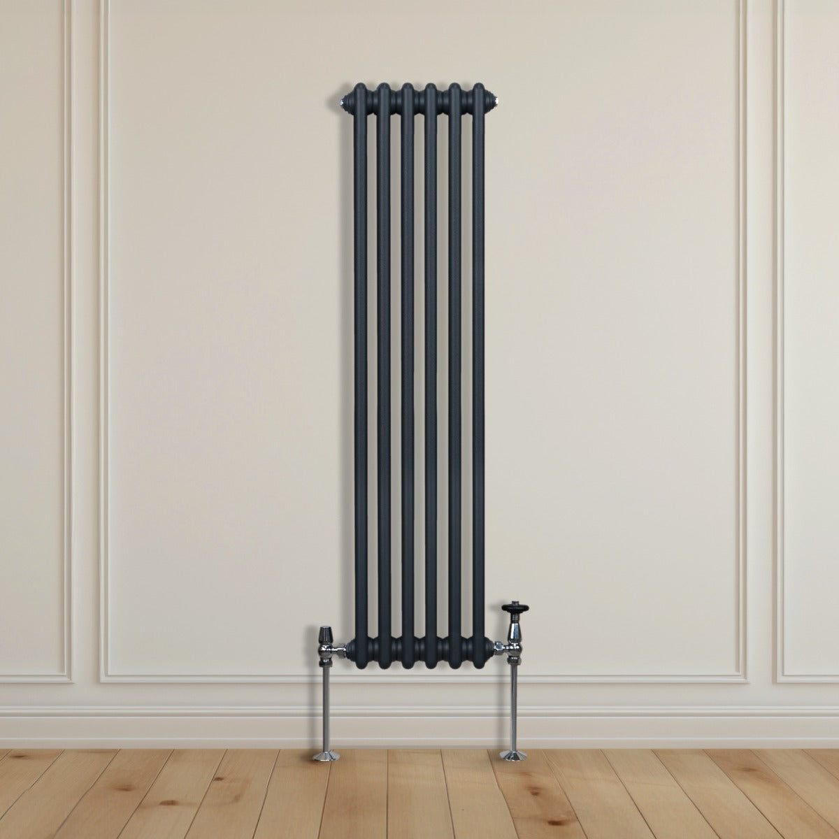 Radiateur traditionnel à 2 colonnes gris anthracite, haut et étroit, avec des pieds en métal et un design élégant pour un intérieur moderne