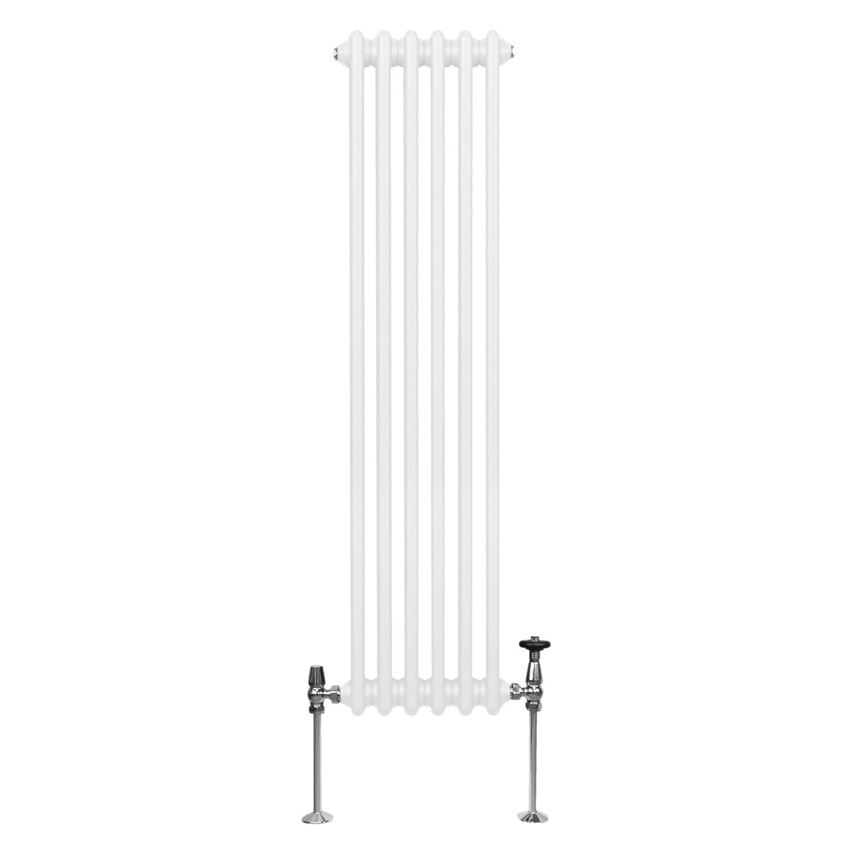 Radiateur traditionnel à 2 colonnes, 1500 x 292 mm, finition blanche lisse, avec des pieds en métal et des robinets chromés élégants