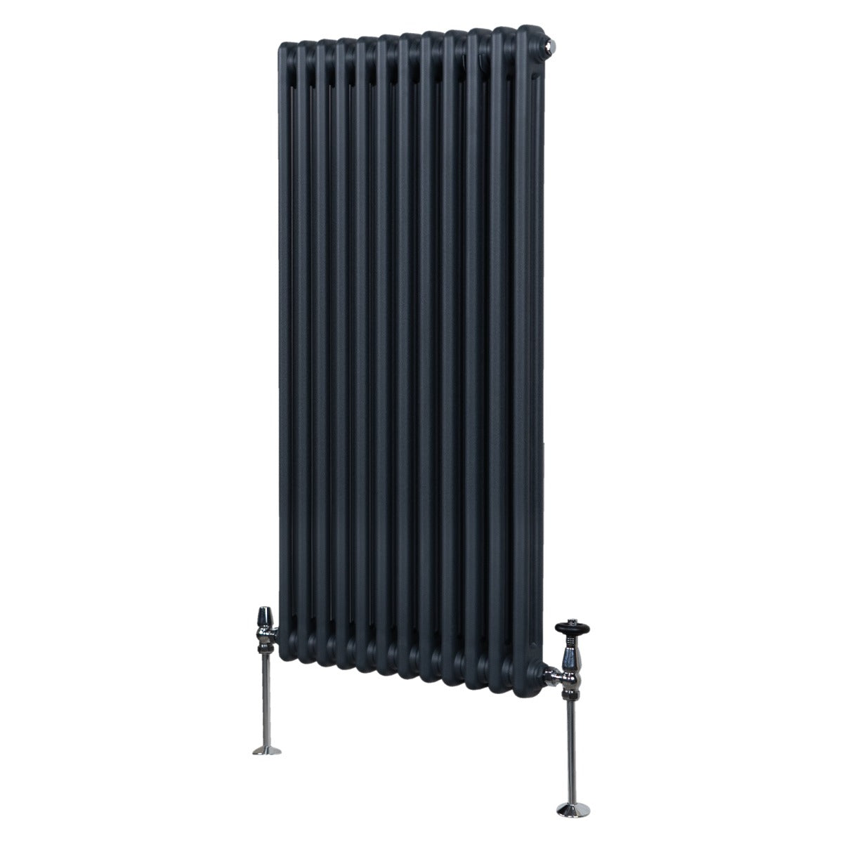 Radiateur traditionnel à 2 colonnes en gris anthracite, 1500 x 562 mm, avec une finition lisse et des pieds en métal chromé