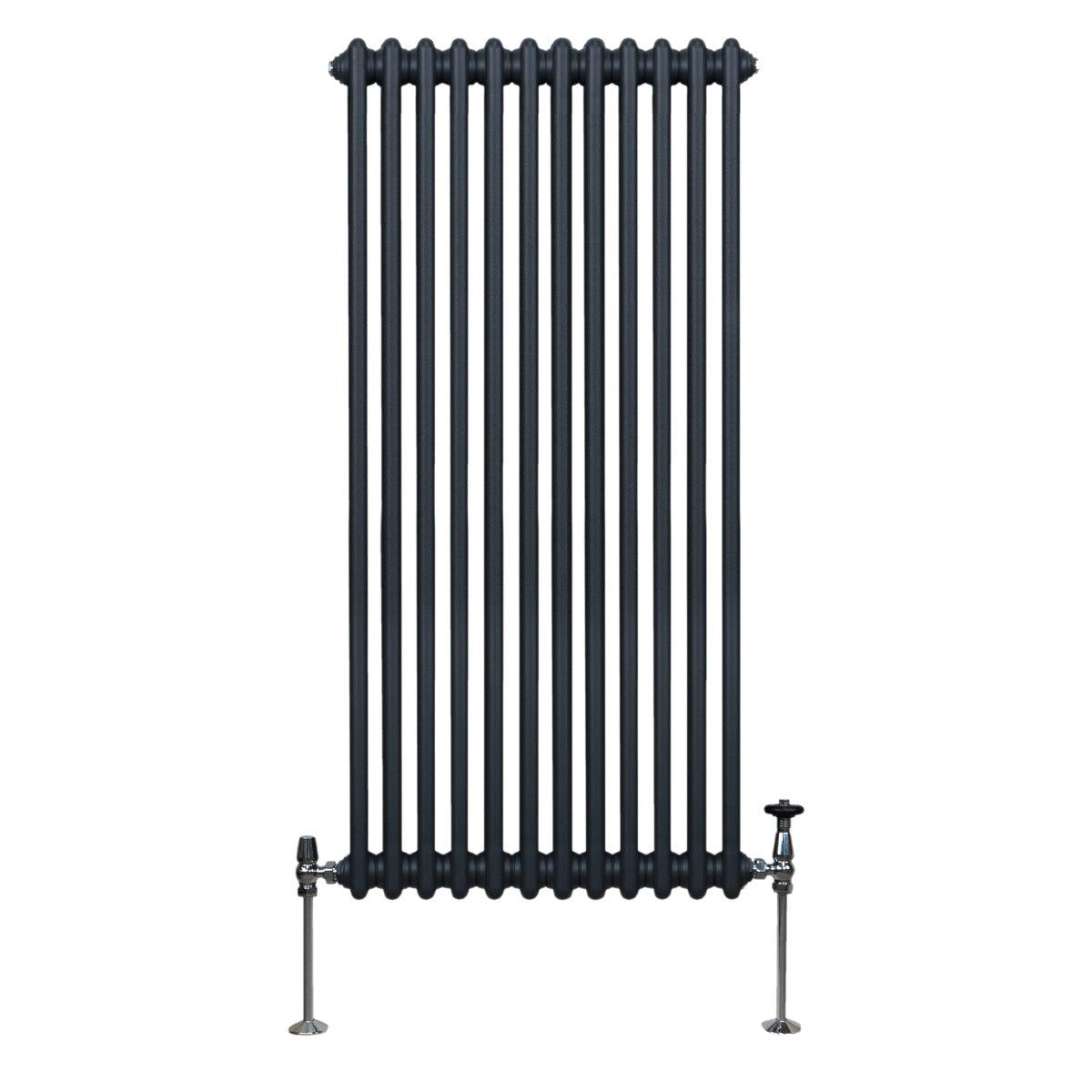 Radiateur traditionnel à 2 colonnes en gris anthracite, finition lisse, avec des pieds en métal et un design vertical élégant
