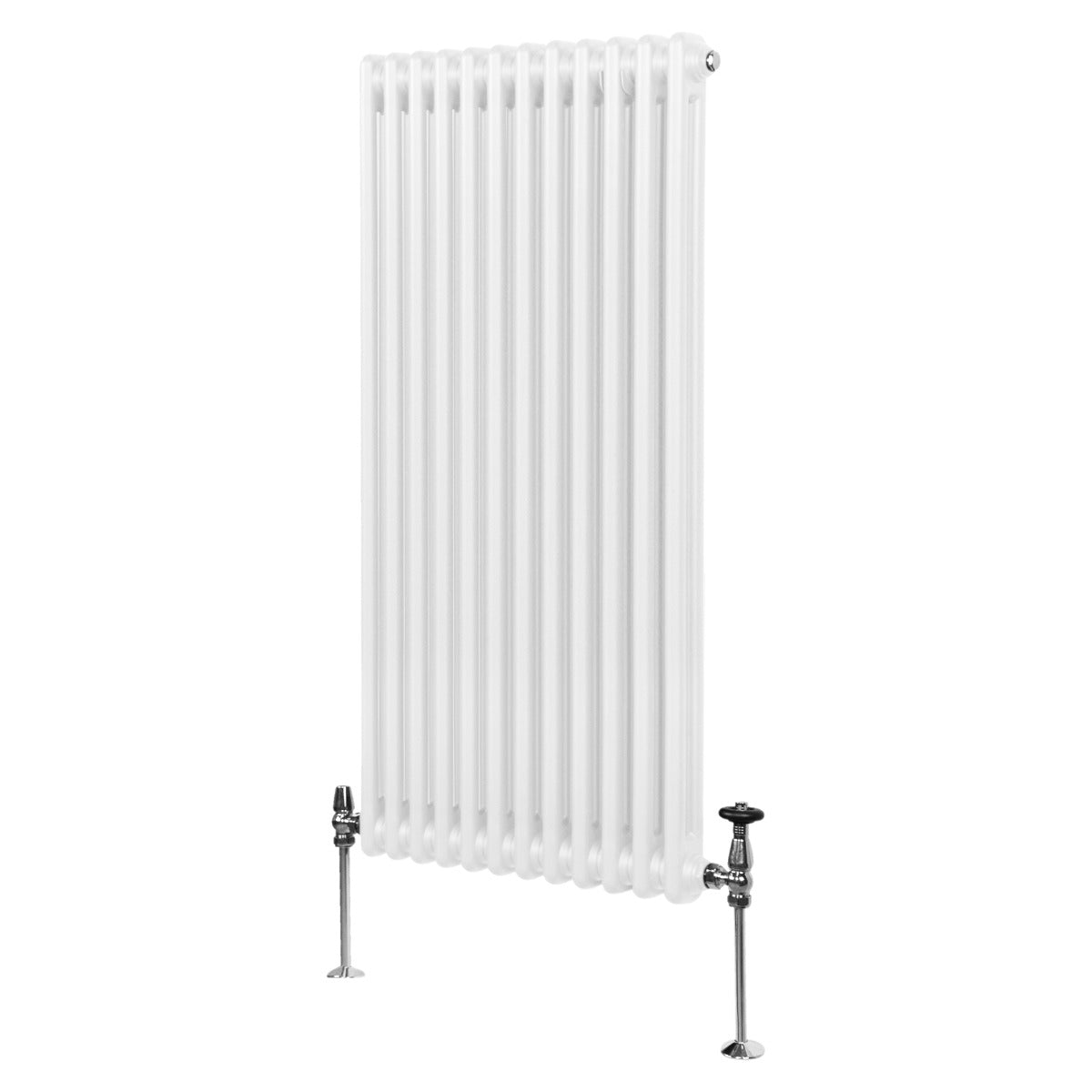 Radiateur traditionnel à 2 colonnes, blanc, 1500 x 562 mm, avec des pieds en métal et une surface lisse et brillante