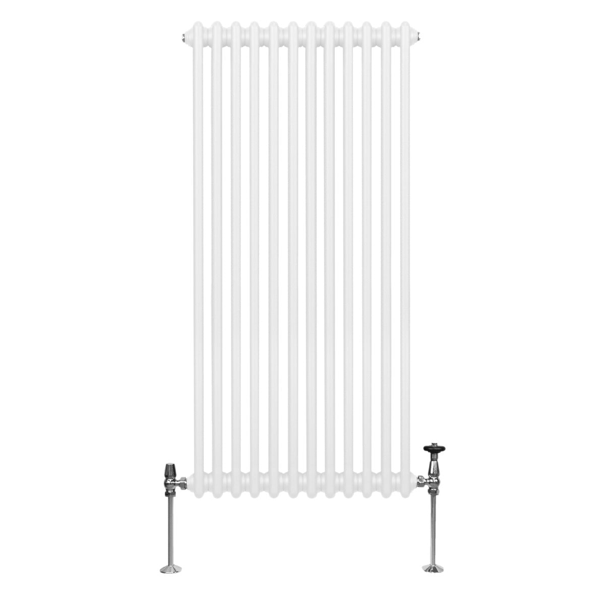 Radiateur traditionnel à 2 colonnes, blanc, 1500 x 562 mm, avec finition lisse et supports en métal chromé pour un style élégant