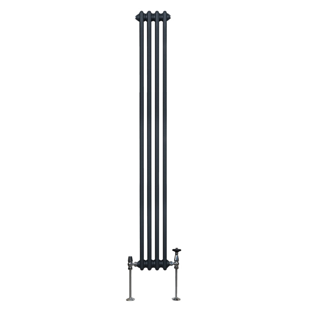 Radiateur traditionnel à 2 colonnes en gris anthracite, haut et étroit, avec une finition lisse et des pieds en métal chromé