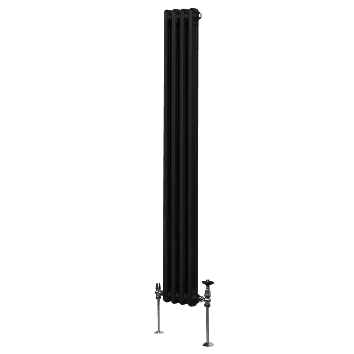 Radiateur traditionnel noir à deux colonnes, 1800 x 202 mm, avec une finition lisse et des pieds en métal chromé, élégant et moderne