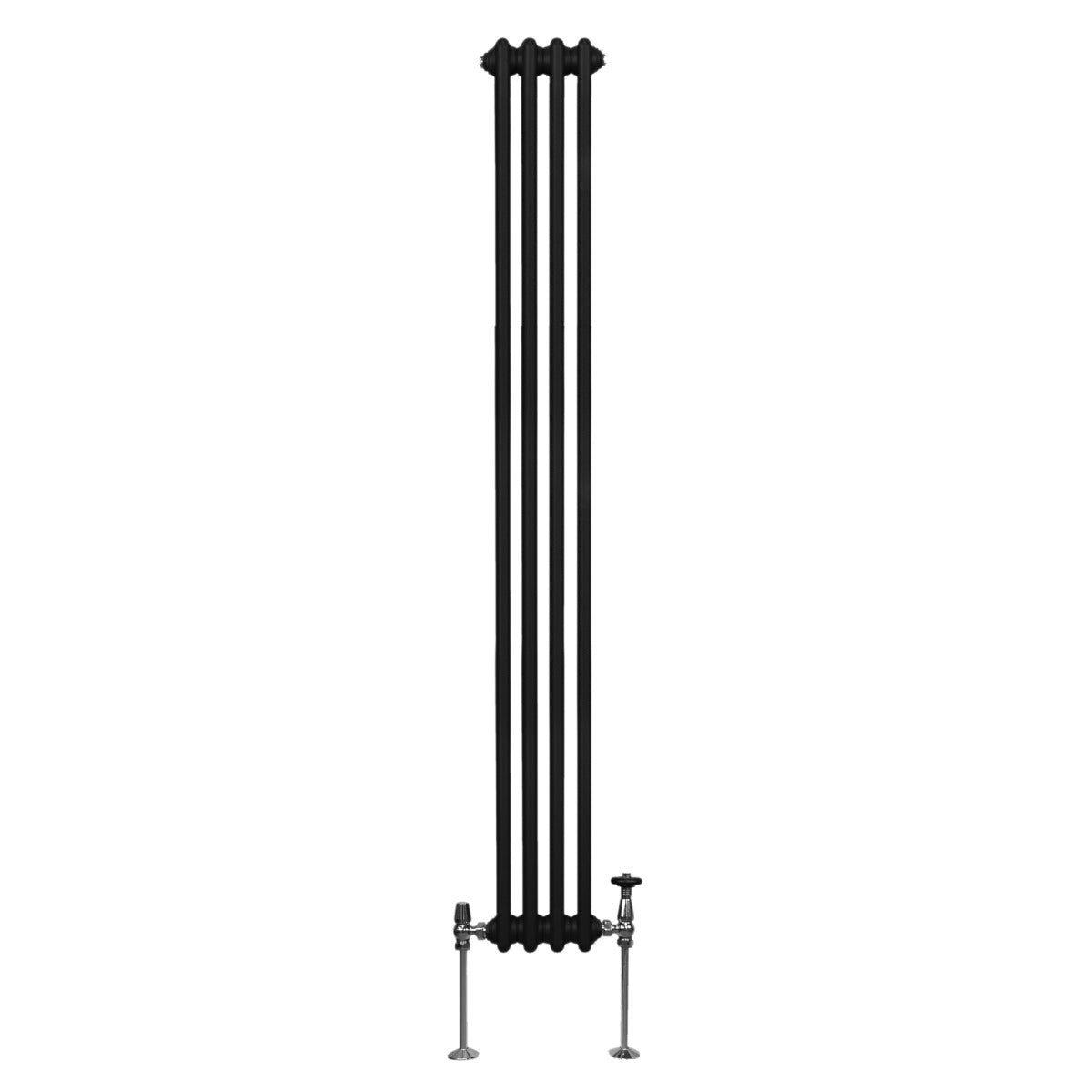 Radiateur traditionnel noir à deux colonnes, 1800 x 202 mm, avec une finition lisse et des détails en métal brillant sur les raccords