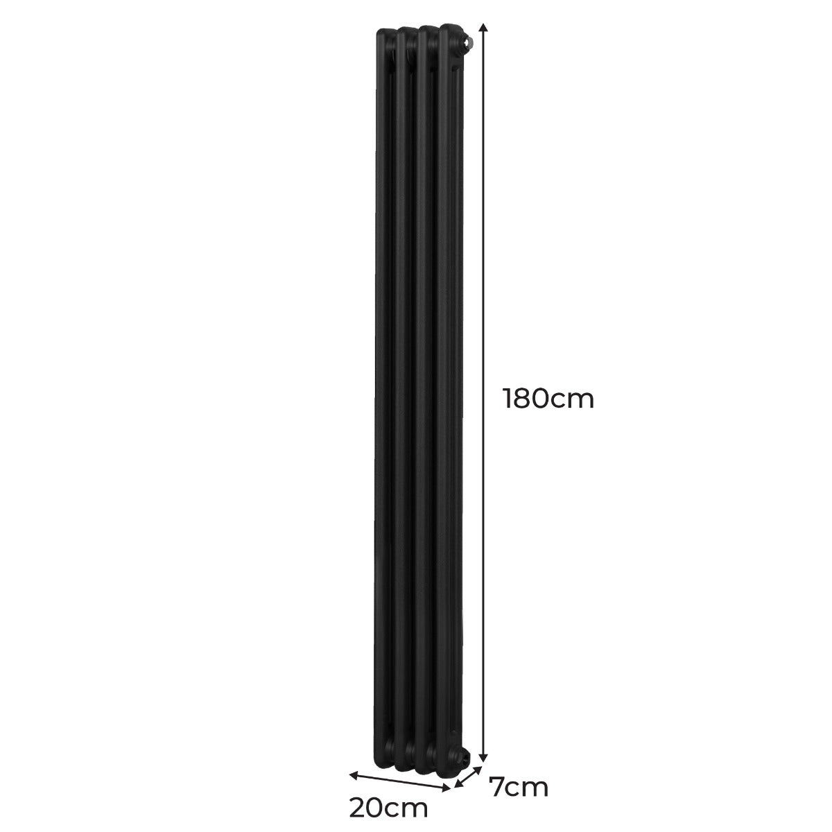 Radiateur traditionnel noir à deux colonnes, dimensions 1800 x 202 mm, avec une finition lisse et un design élégant et moderne