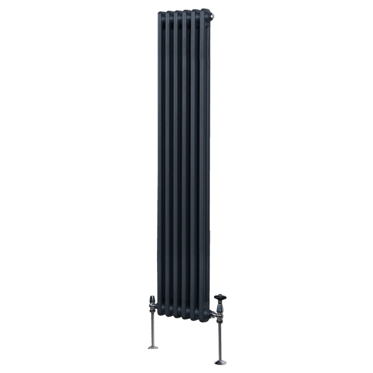 Radiateur traditionnel à deux colonnes, gris anthracite, avec une finition lisse et des pieds en métal, mesure 1800 x 292 mm