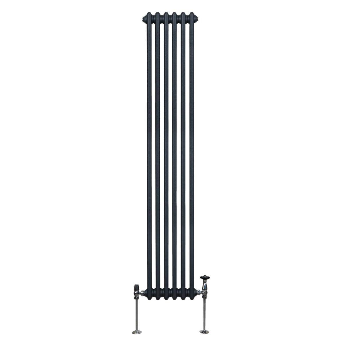Radiateur traditionnel à 2 colonnes en gris anthracite, haut et étroit, avec une finition lisse et des pieds en métal chromé