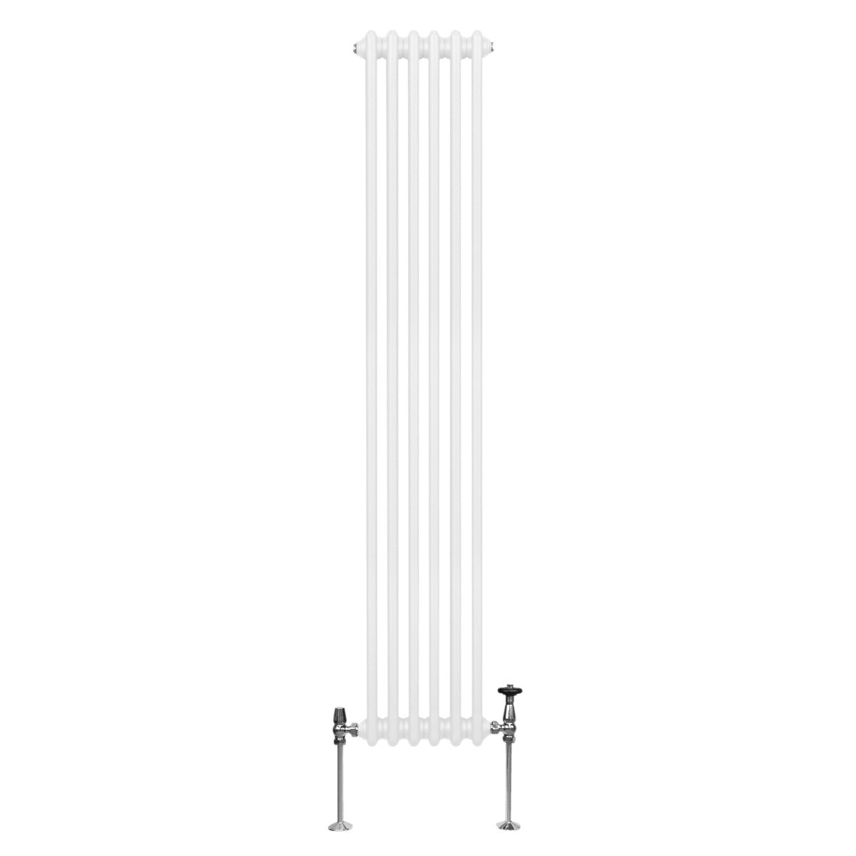 Radiateur traditionnel à deux colonnes, blanc, 1800 x 292 mm, avec des finitions lisses et des raccords en métal chromé