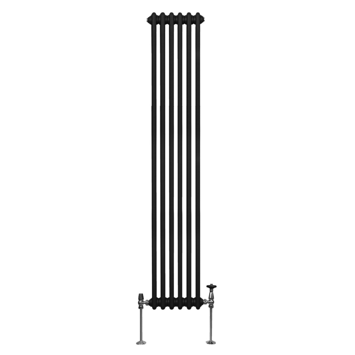 Radiateur traditionnel noir à deux colonnes, 1800 x 292 mm, avec une finition lisse et des tuyaux verticaux élégants