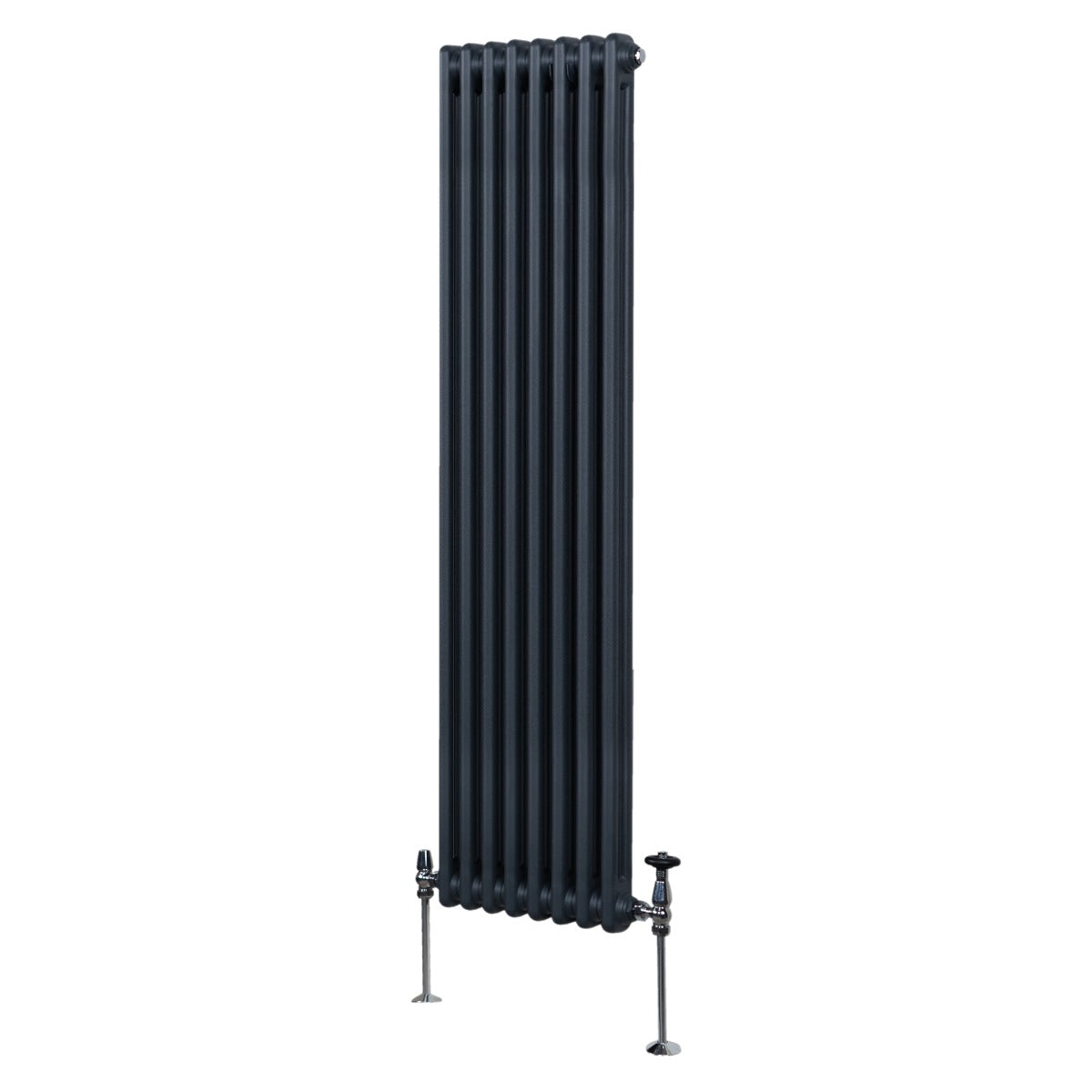 Radiateur traditionnel à 2 colonnes en gris anthracite, mesurant 1800 x 382 mm, avec une finition lisse et des raccords en métal