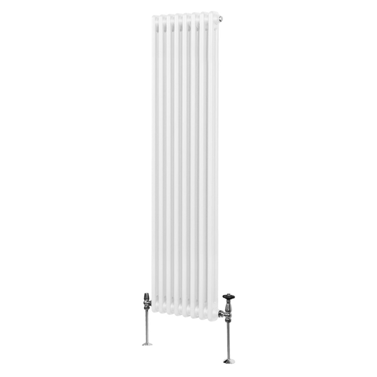 Radiateur traditionnel à deux colonnes, blanc, 1800 x 382 mm, avec une finition lisse et des pieds en métal chromé élégants