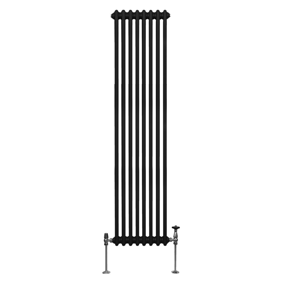 Radiateur traditionnel noir à deux colonnes, 1800 x 382 mm, avec une finition lisse et des raccords en métal chromé, design élégant et moderne
