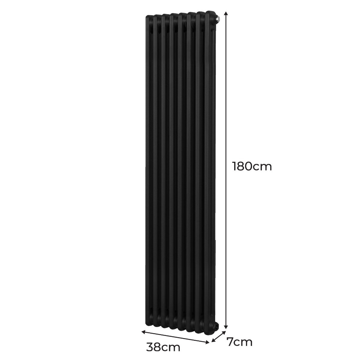 Radiateur traditionnel noir à deux colonnes, dimensions 1800 x 382 mm, surface lisse et finition élégante, idéal pour un intérieur moderne