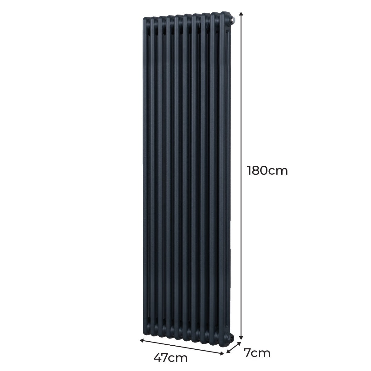 Radiateur traditionnel à deux colonnes, gris anthracite, dimensions 1800 x 472 mm, surface lisse et finition élégante, idéal pour le chauffage intérieur