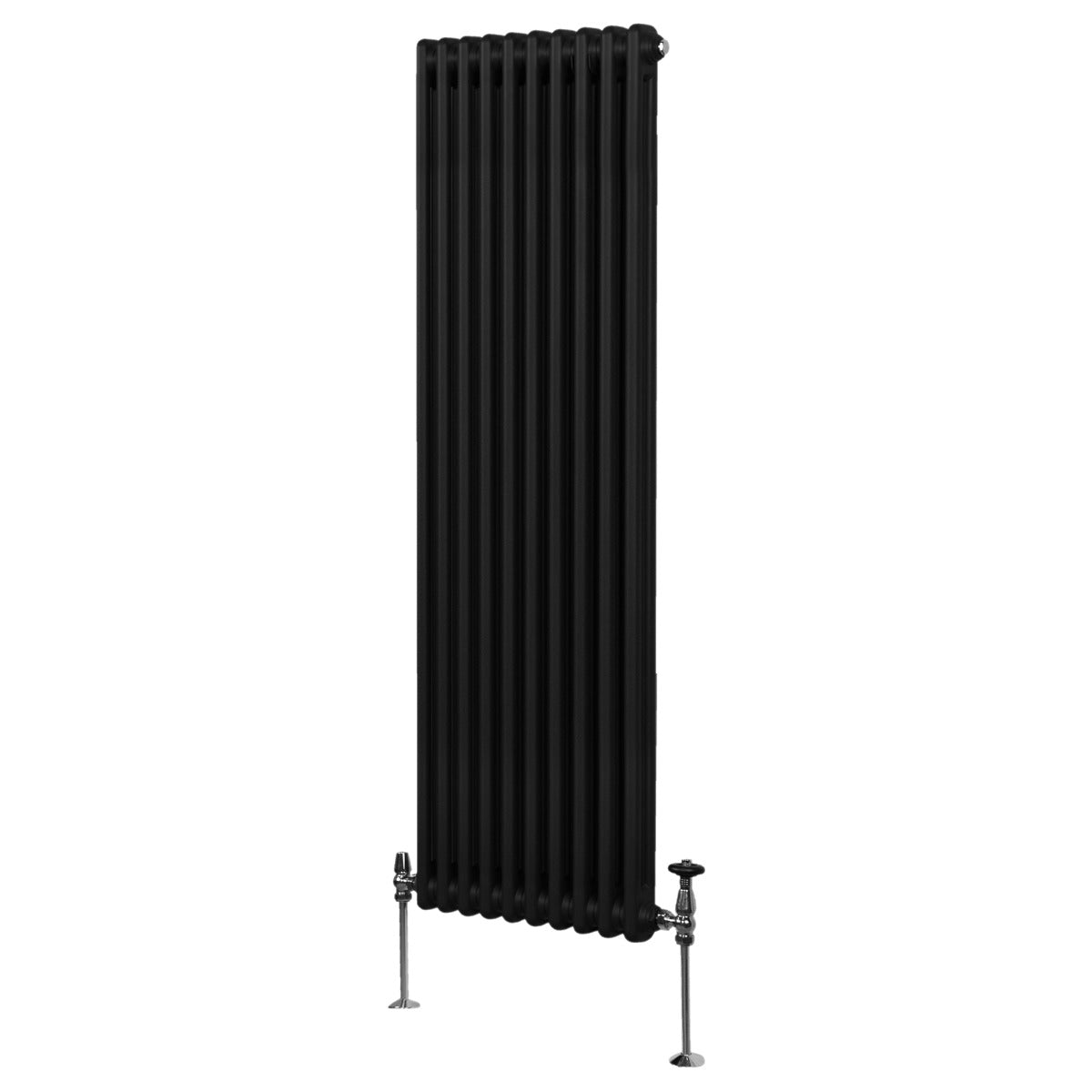 Radiateur traditionnel noir à deux colonnes, 1800 x 472 mm, avec une finition lisse et des pieds en métal chromé pour un style élégant