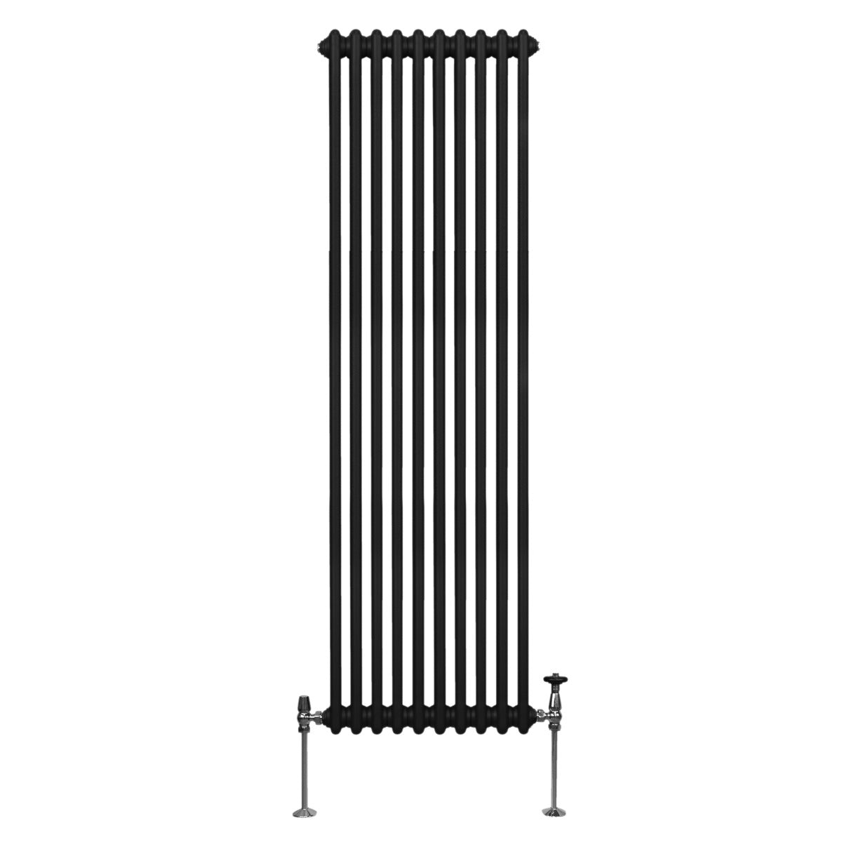 Radiateur traditionnel noir à deux colonnes, dimensions 1800 x 472 mm, avec une finition lisse et des supports en métal chromé