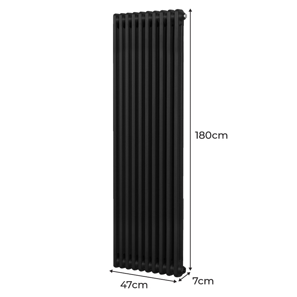 Radiateur traditionnel noir à deux colonnes, dimensions 1800 x 472 mm, avec une finition lisse et des lignes élégantes