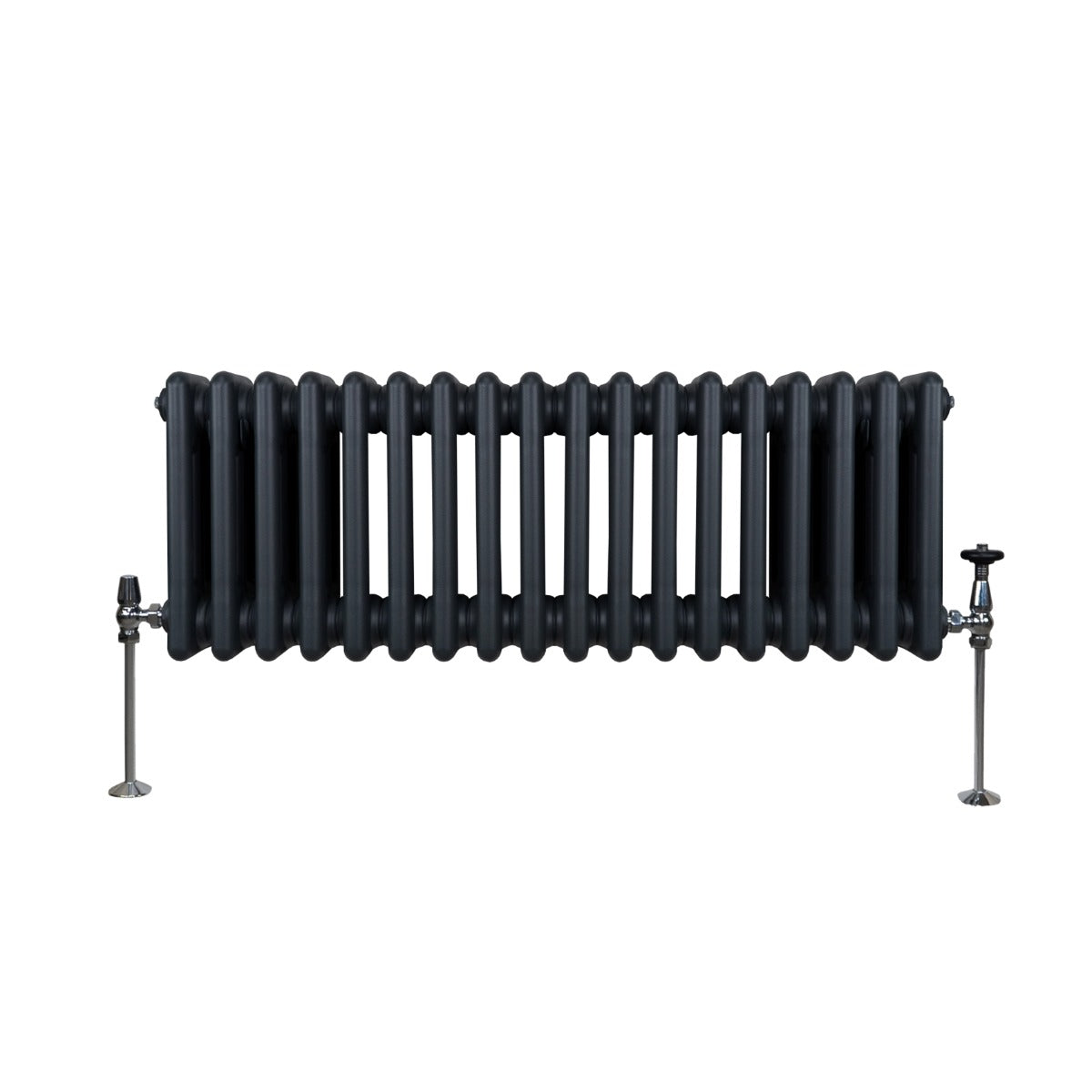 Radiateur traditionnel à 3 colonnes en gris anthracite, avec une finition lisse et des pieds en métal, design élégant et vintage