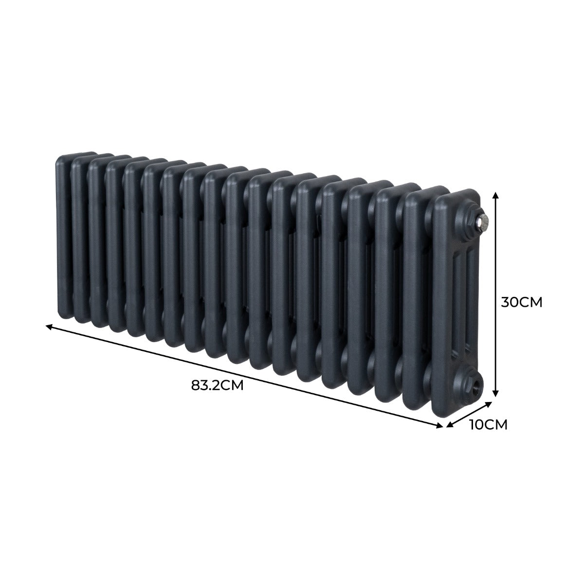 Radiateur traditionnel à 3 colonnes en gris anthracite, mesurant 300 x 832 mm, avec une texture lisse et un design élégant