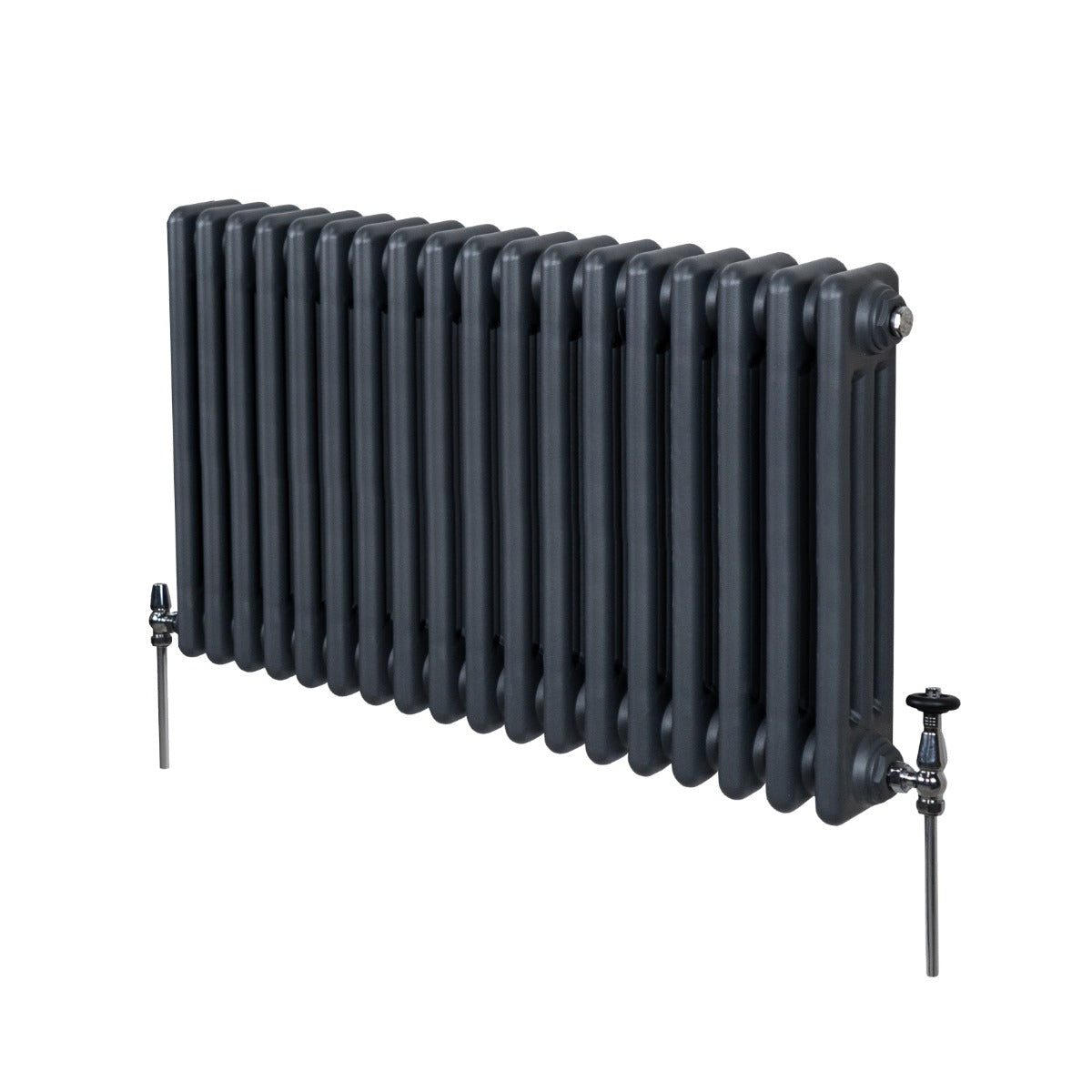 Radiateur traditionnel à 3 colonnes, gris anthracite, finition lisse, dimensions 600 x 832 mm, avec robinets en métal argenté