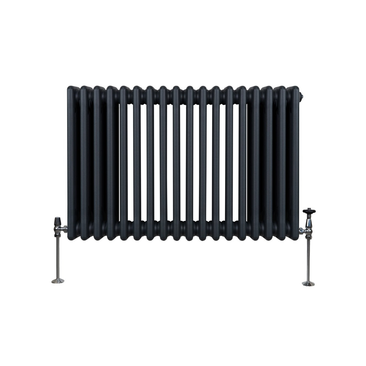 Radiateur traditionnel à 3 colonnes, gris anthracite, avec une finition lisse et des pieds en métal chromé, design élégant et vintage