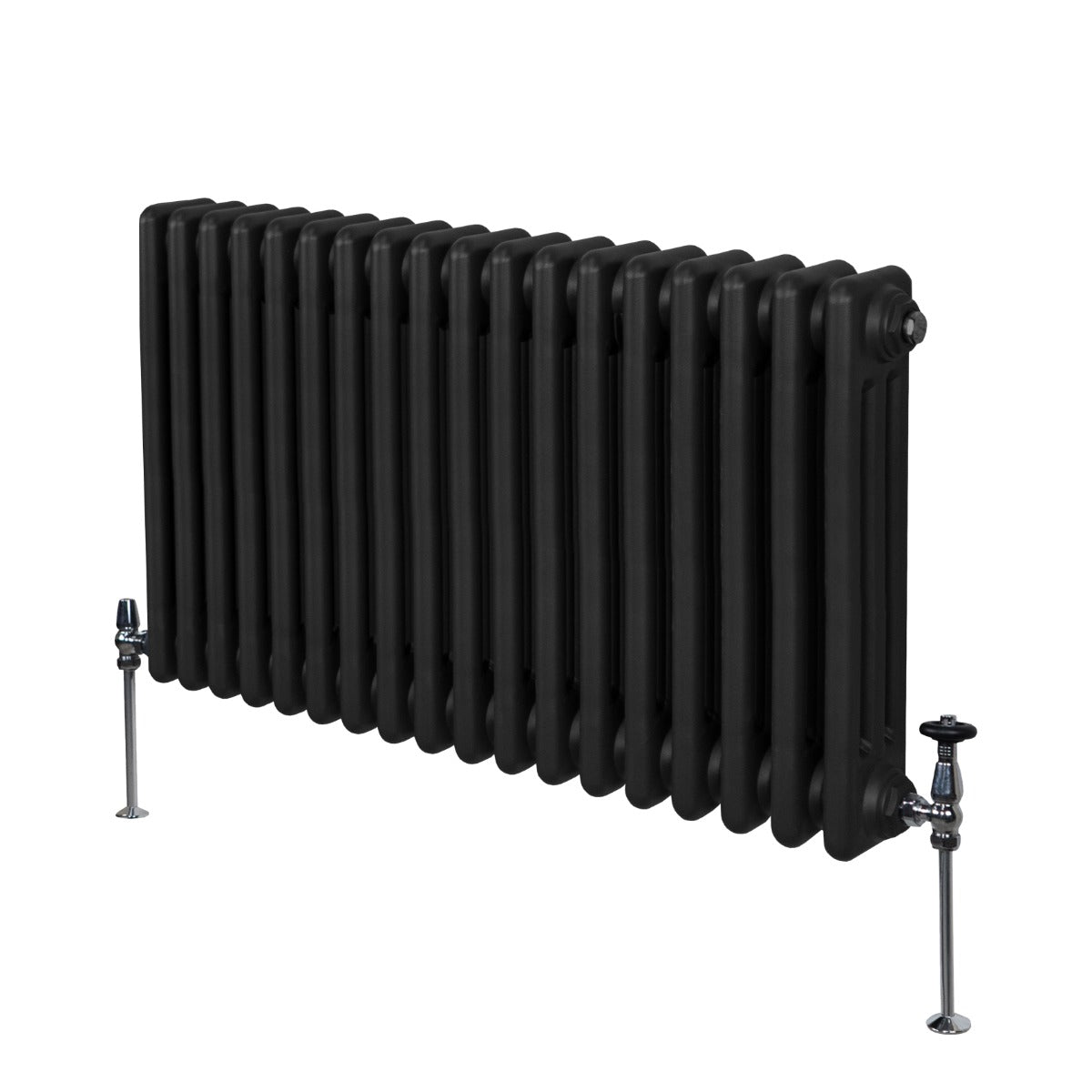 Radiateur traditionnel noir à 3 colonnes, dimensions 600 x 832 mm, avec des pieds en métal et une finition lisse et élégante