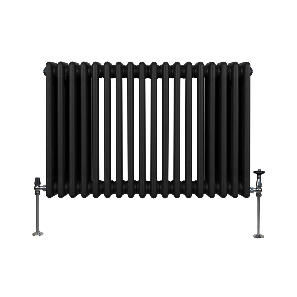 Radiateur traditionnel noir à 3 colonnes, 600 x 832 mm, avec une finition lisse et des pieds en métal chromé, design élégant et vintage