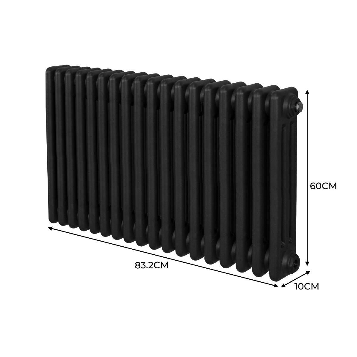 Radiateur traditionnel noir à 3 colonnes, dimensions 600 x 832 mm, avec une texture lisse et un design élégant pour un chauffage efficace