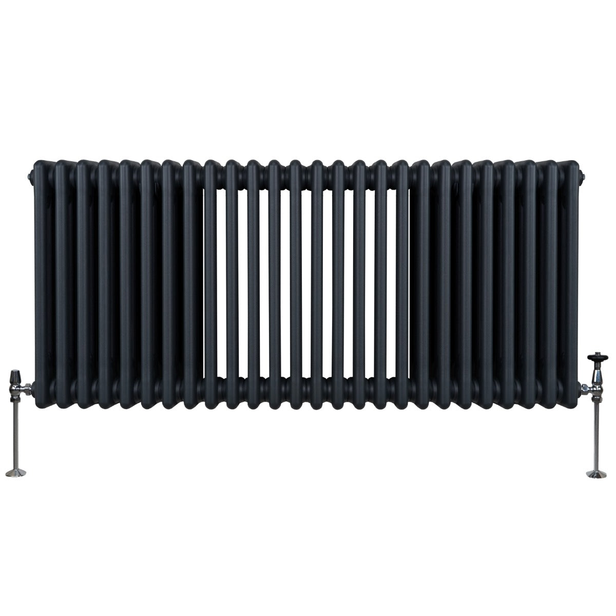 Radiateur traditionnel à 3 colonnes, 600 x 1192 mm, finition gris anthracite, avec des colonnes lisses et des pieds en métal argenté
