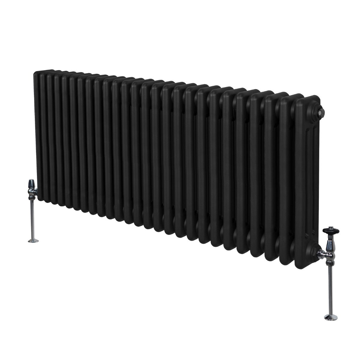 Radiateur traditionnel noir à 3 colonnes, 600 x 1192 mm, avec une texture lisse et des pieds en métal chromé pour une installation stable