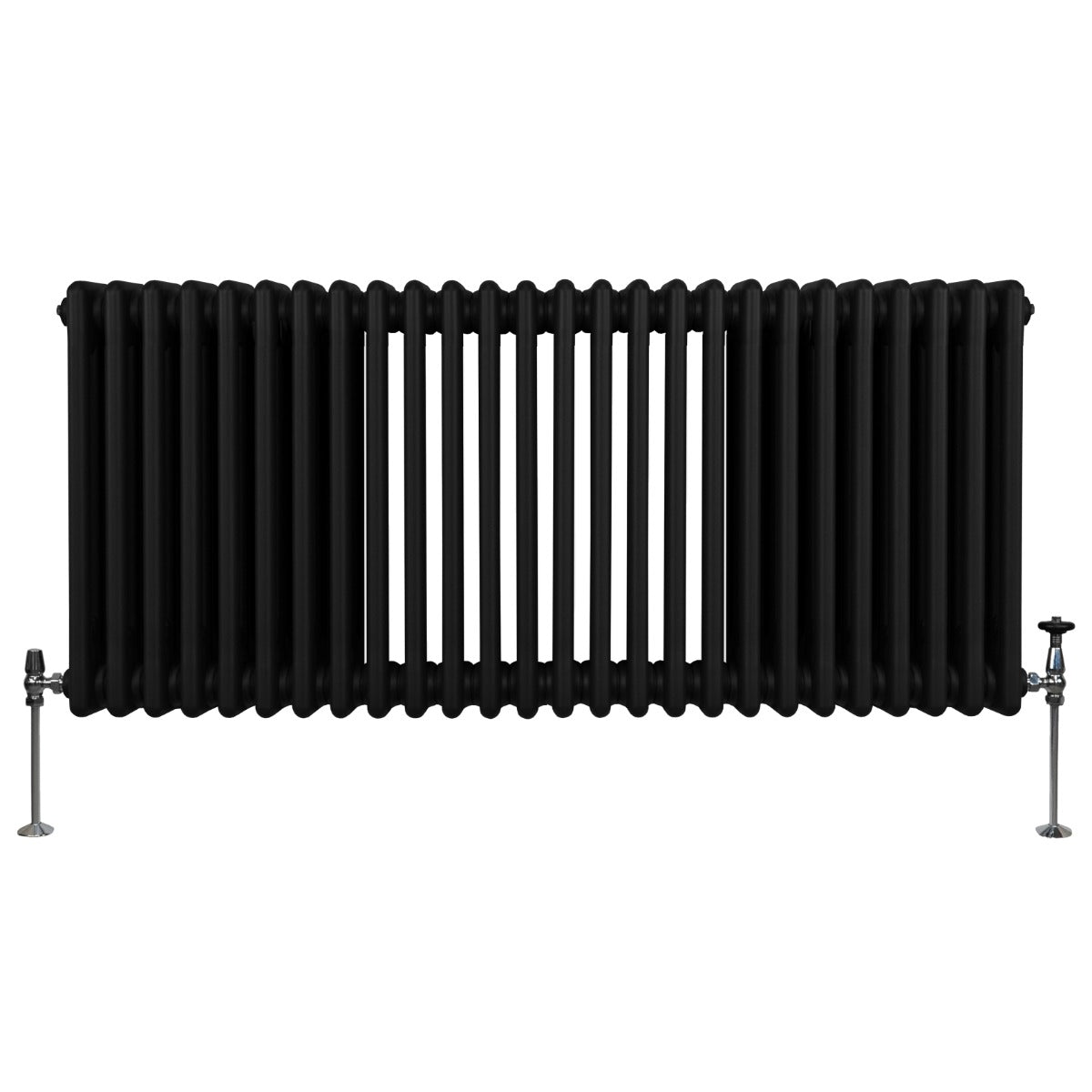 Radiateur traditionnel à 3 colonnes noir, 600 x 1192 mm, avec une finition lisse et des pieds en métal chromé, design élégant et moderne