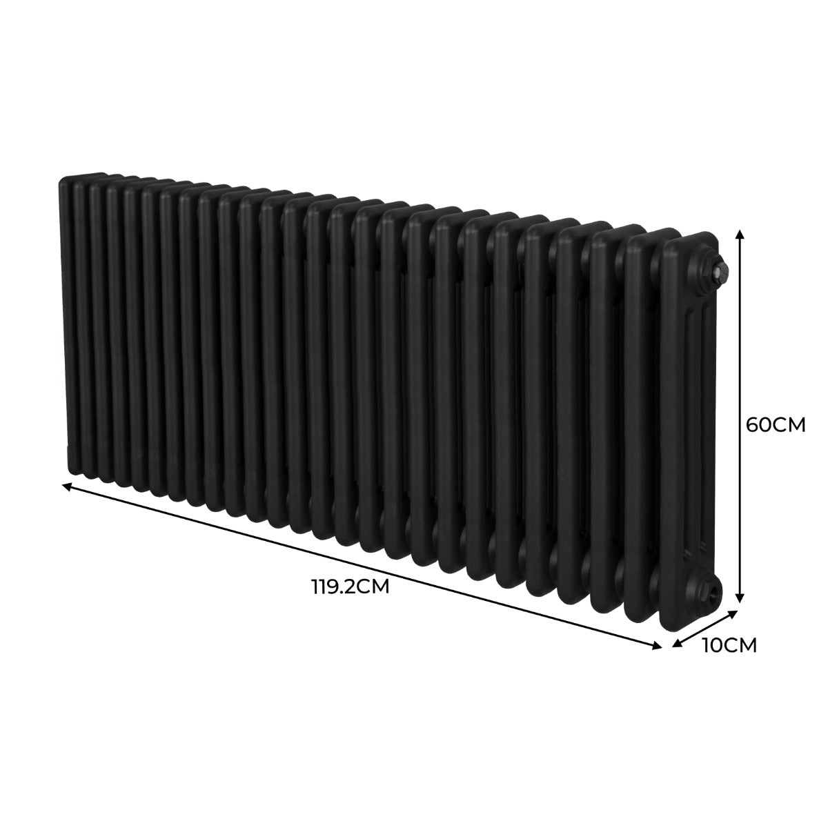 Radiateur traditionnel noir à 3 colonnes, dimensions 600 x 1192 mm, avec une finition lisse et une texture élégante, idéal pour le chauffage intérieur