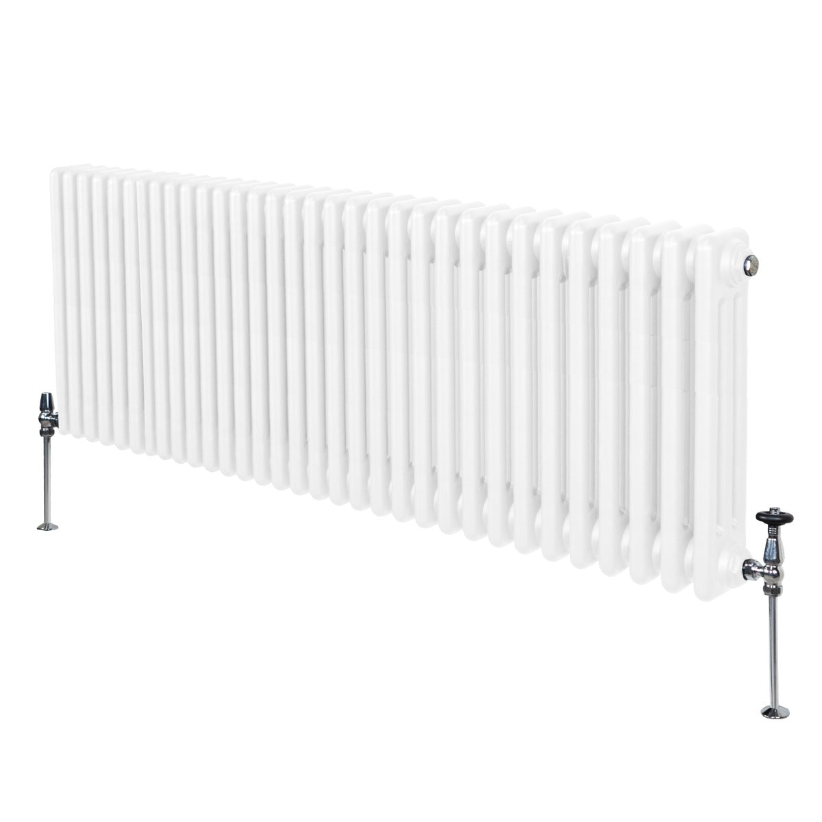 Radiateur traditionnel blanc à 3 colonnes, 600 x 1462 mm, avec finition lisse et robinetterie chromée, idéal pour un intérieur élégant