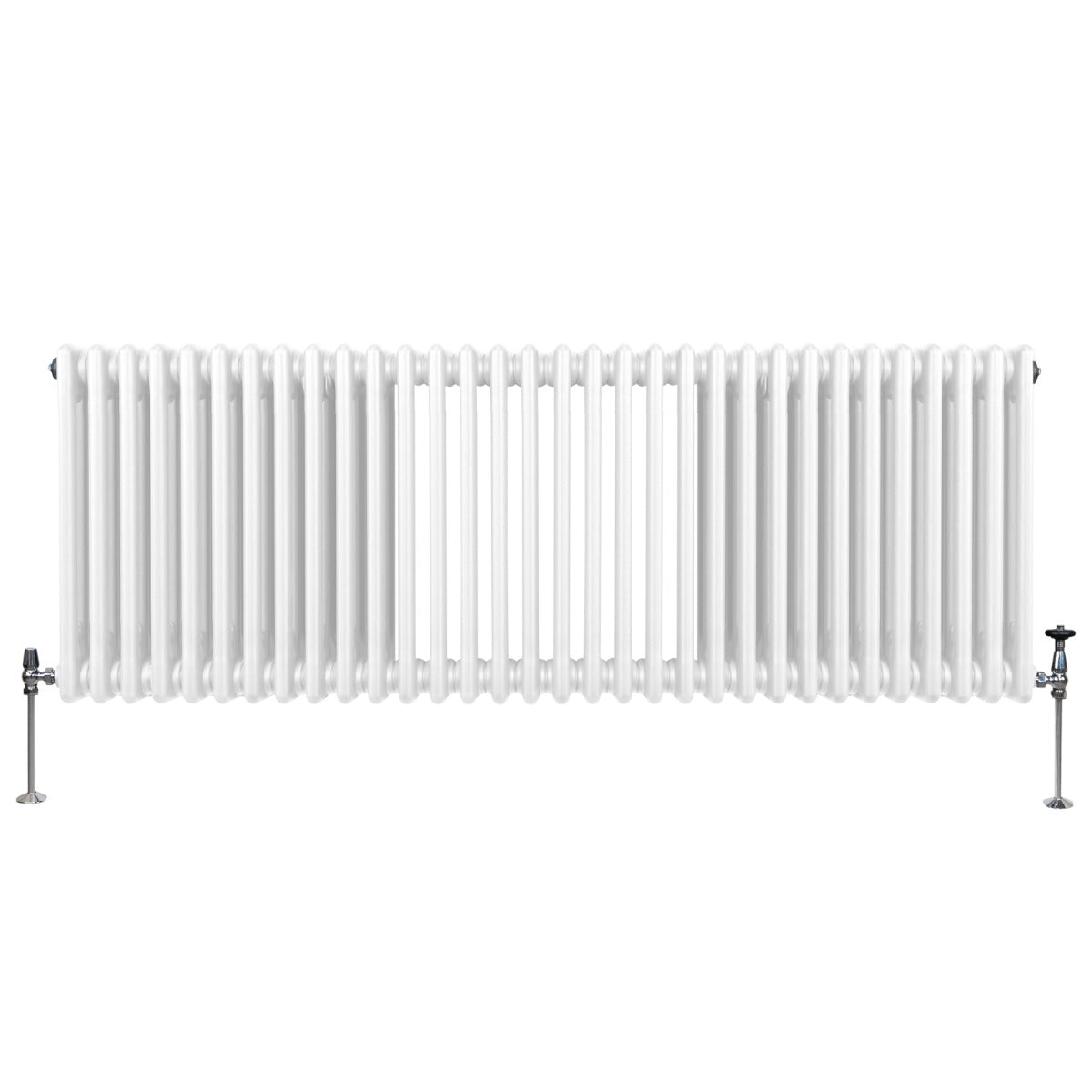 Radiateur traditionnel à 3 colonnes, blanc, 600 x 1462 mm, avec des finitions lisses et des pieds en métal chromé, design élégant et fonctionnel