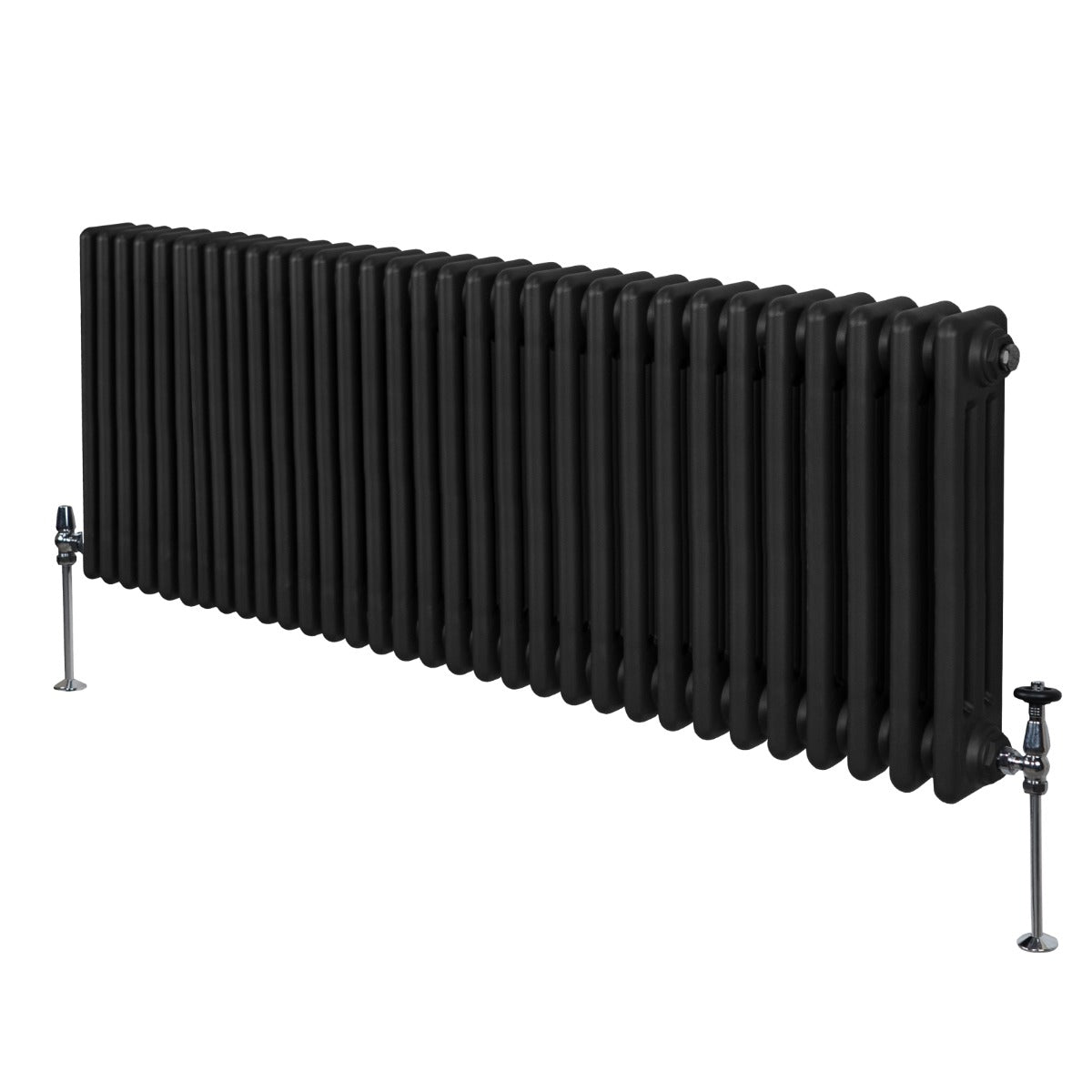 Radiateur traditionnel noir à 3 colonnes, 600 x 1462 mm, avec une finition lisse et des pieds en métal chromé pour un style élégant