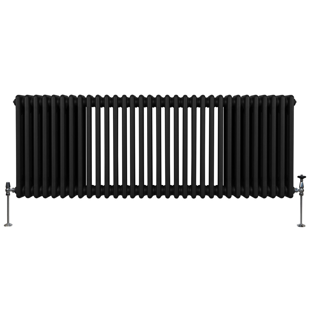 Radiateur traditionnel noir à 3 colonnes, 600 x 1462 mm, avec des pieds en métal et une texture lisse et moderne