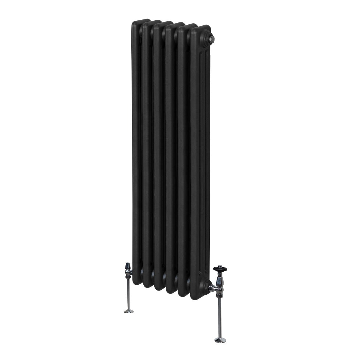 Radiateur traditionnel noir à 3 colonnes, 1500 x 292 mm, avec finition lisse et pieds en métal, idéal pour un intérieur élégant