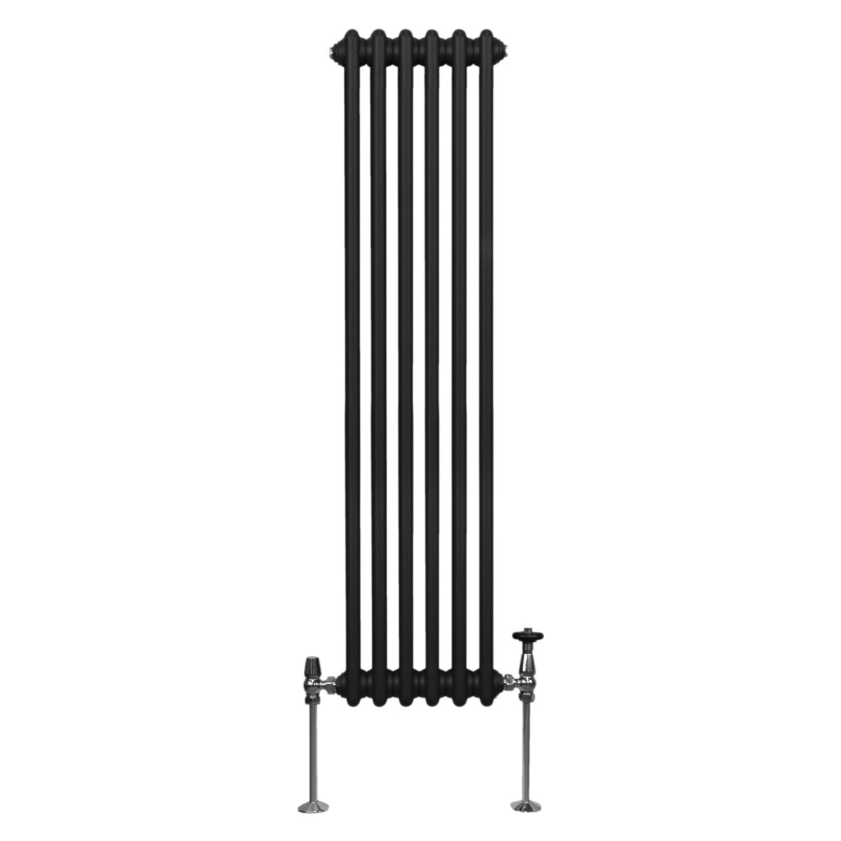 Radiateur traditionnel noir à trois colonnes, 1500 x 292 mm, avec finitions lisses et supports en métal chromé, design élégant et vintage
