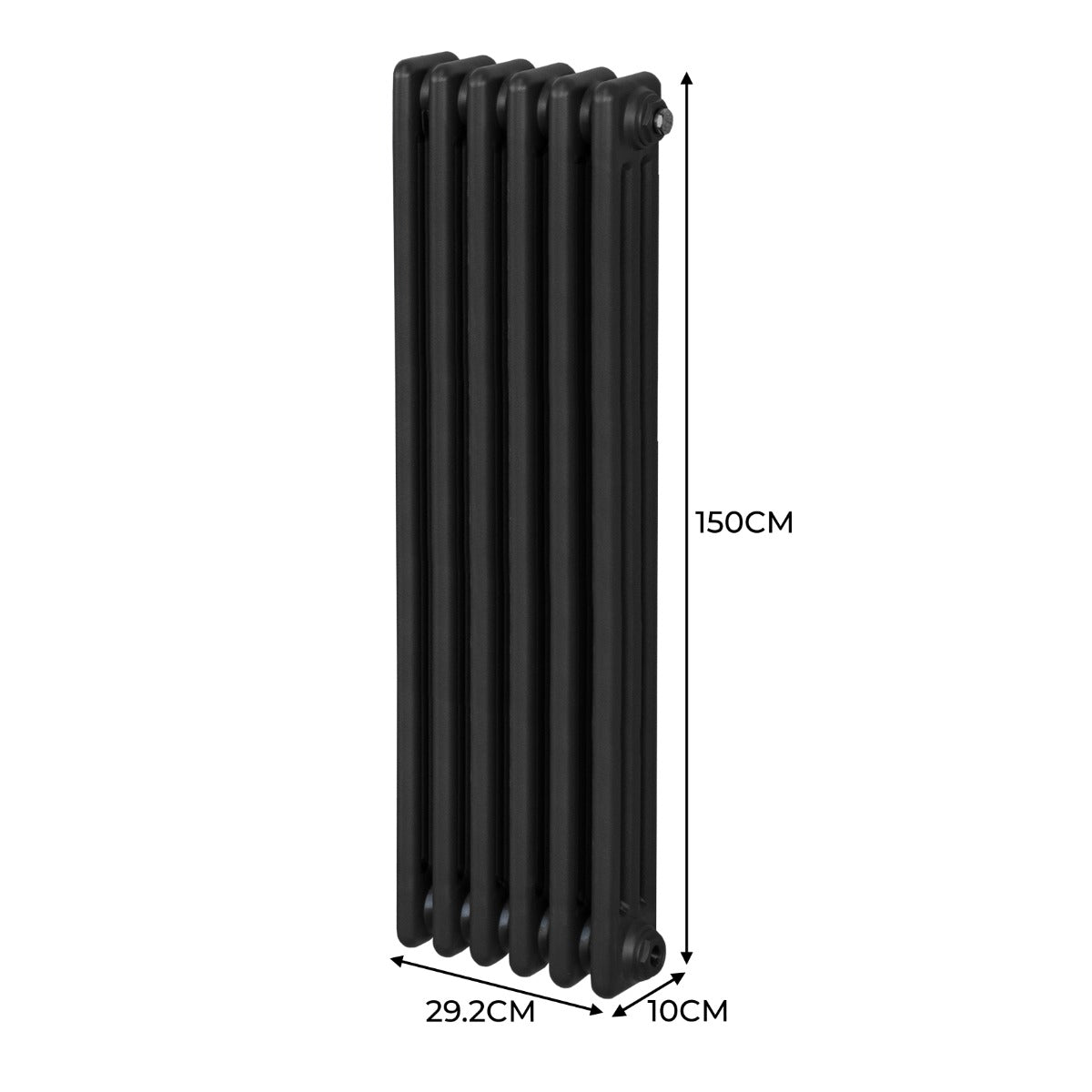 Radiateur traditionnel noir à 3 colonnes, dimensions 1500 x 292 mm, avec une finition lisse et une texture élégante et moderne