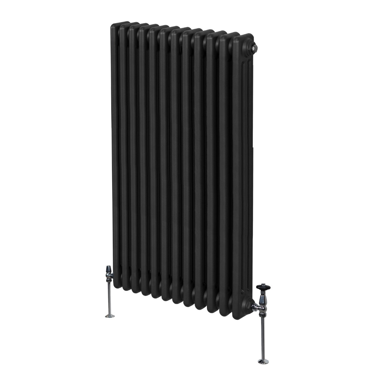Radiateur traditionnel noir à 3 colonnes, 1500 x 562 mm, avec finition lisse et pieds en métal, idéal pour un intérieur élégant