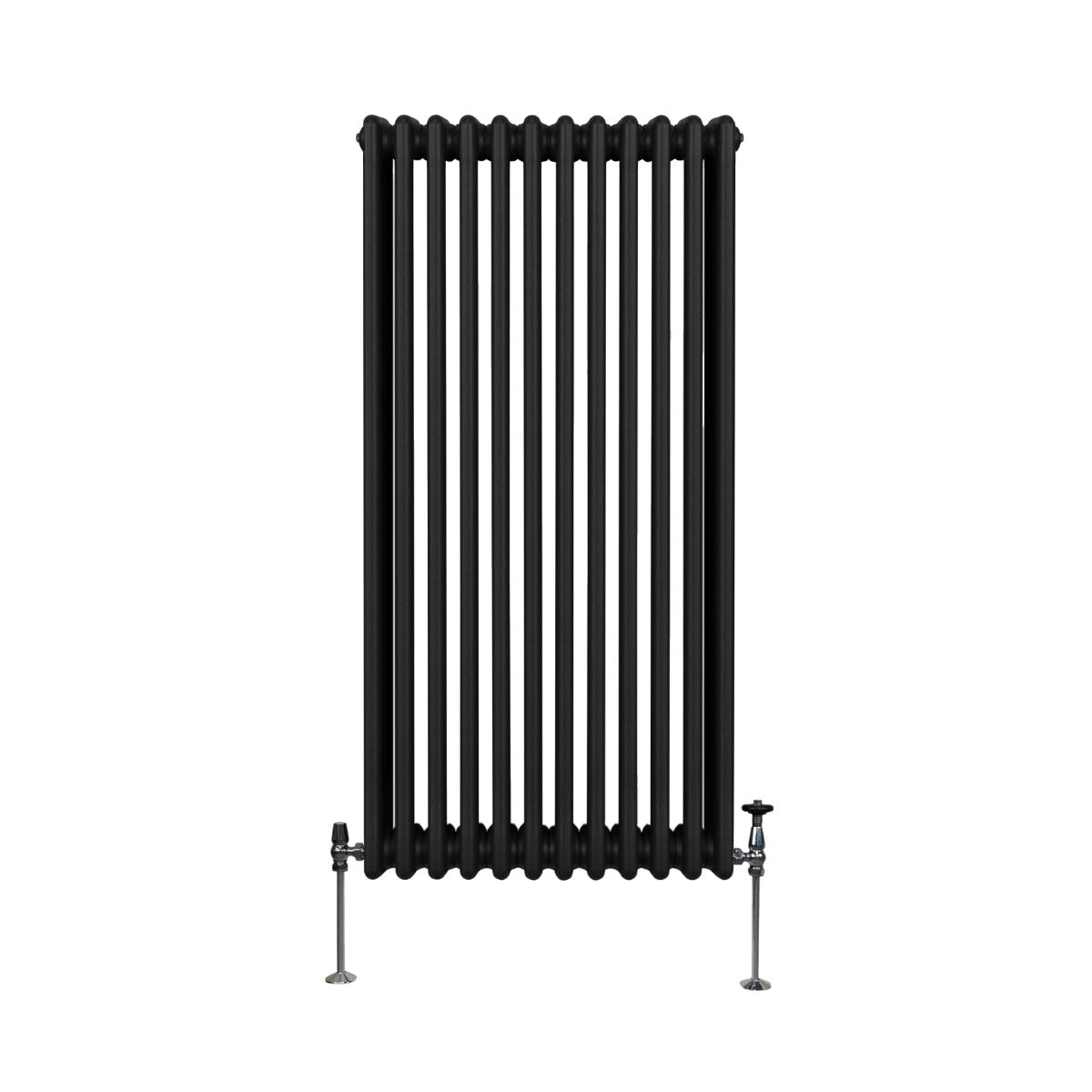 Radiateur traditionnel noir à 3 colonnes, 1500 x 562 mm, avec finition lisse et pieds en métal, idéal pour un intérieur élégant