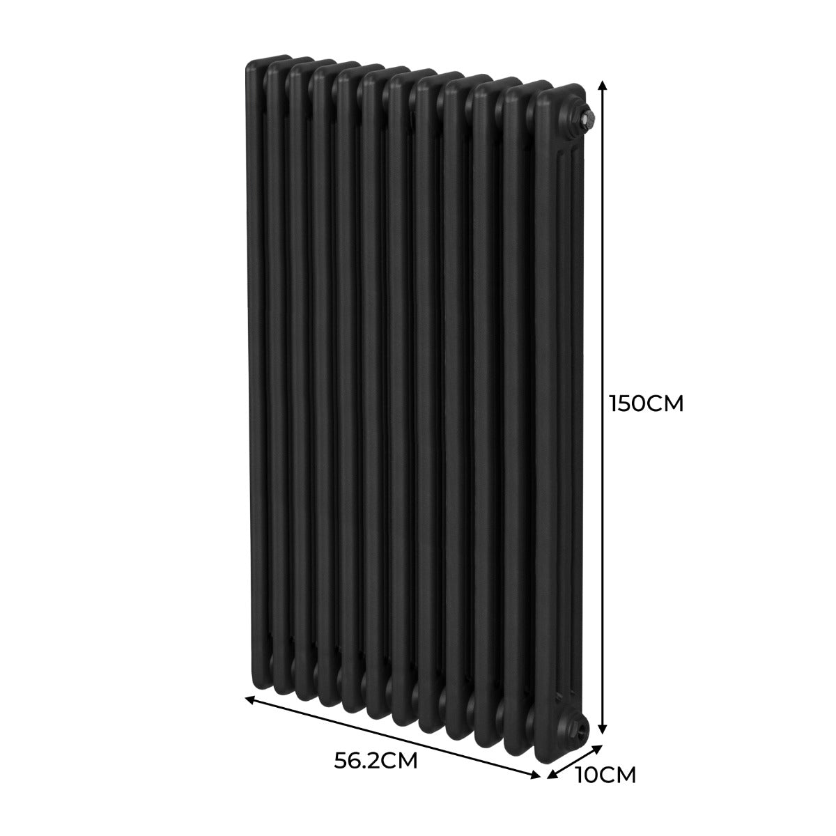 Radiateur traditionnel noir à 3 colonnes, dimensions 1500 x 562 mm, finition lisse et design élégant, idéal pour le chauffage intérieur