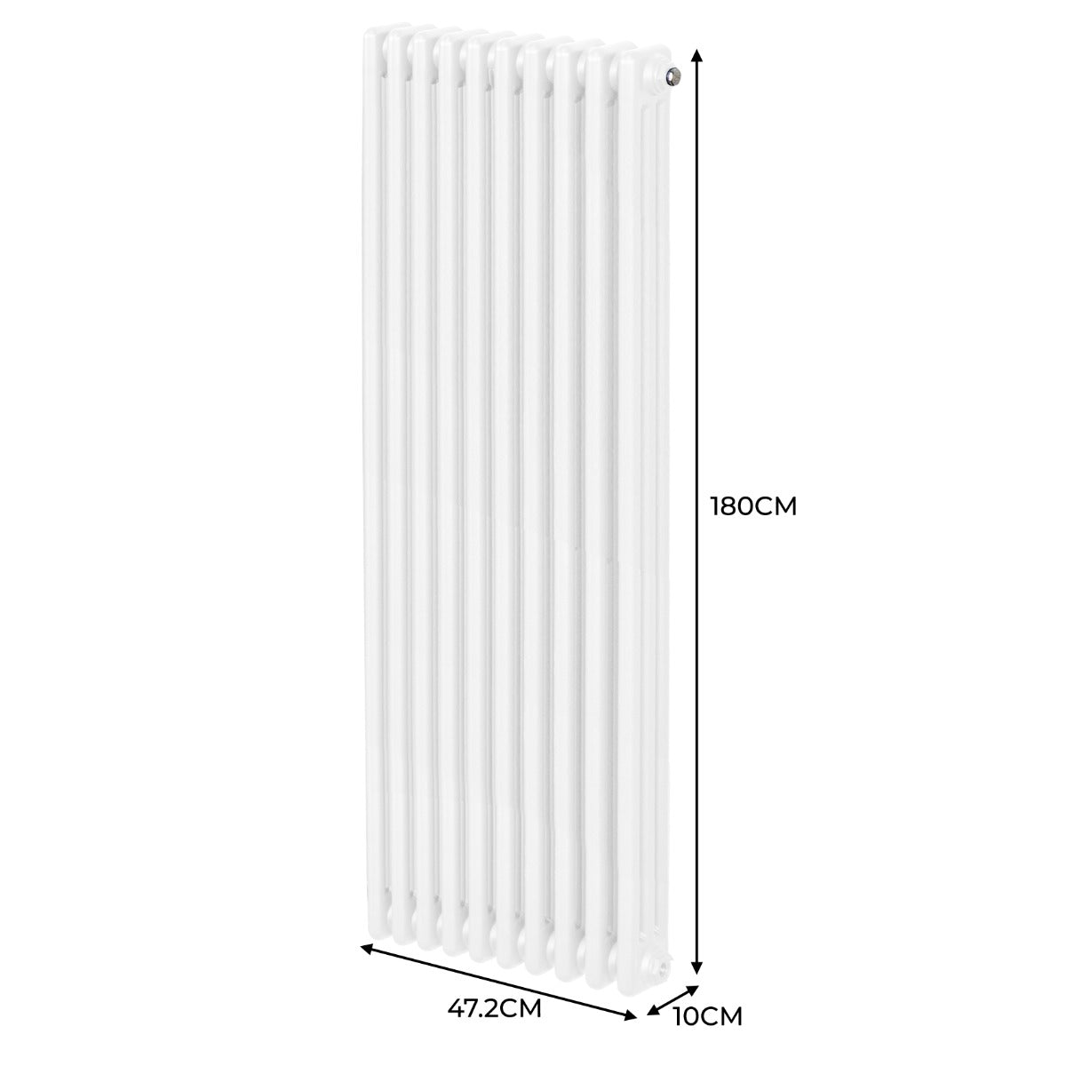 Radiateur traditionnel à 3 colonnes blanc, dimensions 1800 x 472 mm, surface lisse et finition brillante, design élégant et moderne